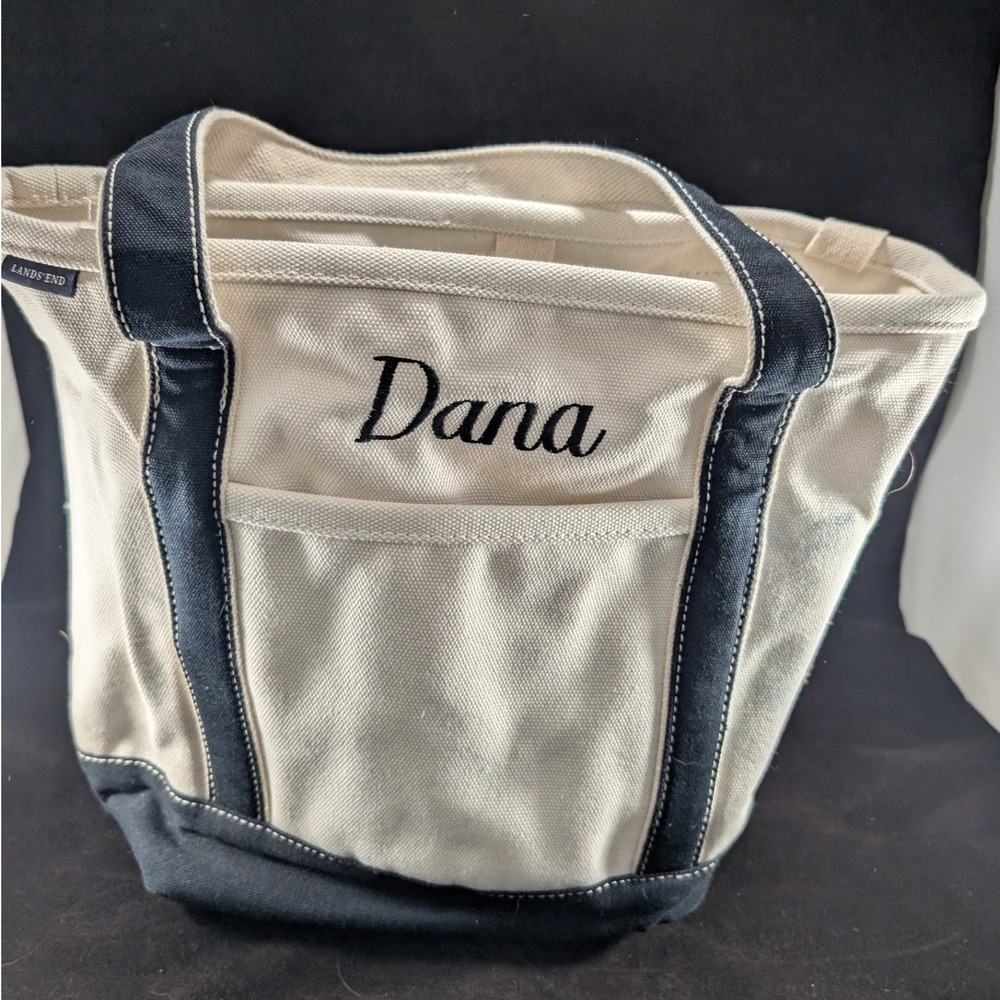 Lands End Canvas Tote Bag Black and Natural White / cream Personalized Dana - Picture 2 of 12